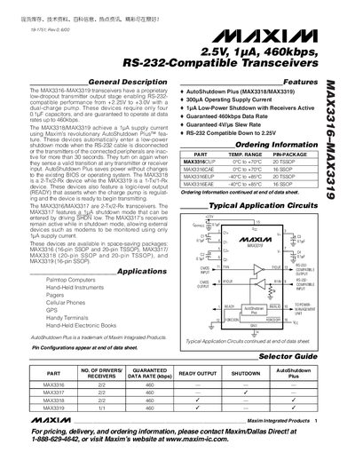 Maxim MAX3316-MAX3319 RS-232-Compatible Transceivers Datasheet