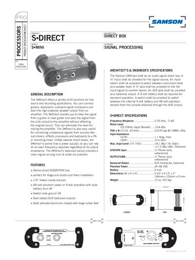 Samson SeDirect Signal Processor Specification Sheet - cover page