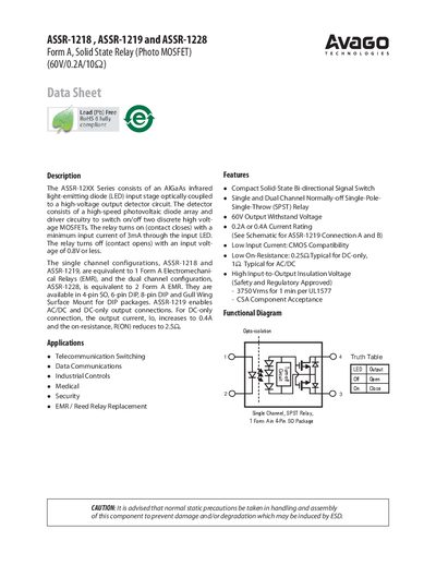 Avago ASSR-1218/1219/1228 Solid State Relay Datasheet - cover page