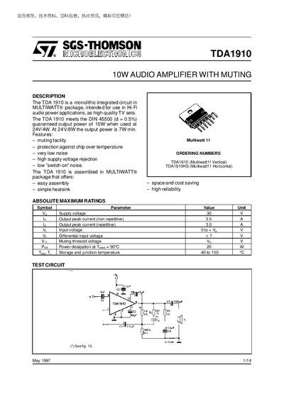 SGS-Thomson TDA1910 10W Audio Amplifier Datasheet - cover page