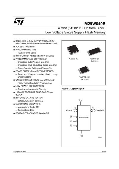 STMicroelectronics M29W040B Flash Memory User Manual - cover page
