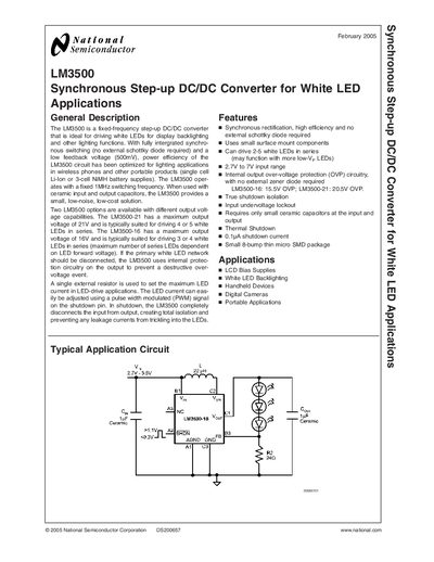 National Semiconductor LM3500 Synchronous Step‑up DC/DC Converter Datasheet - cover page