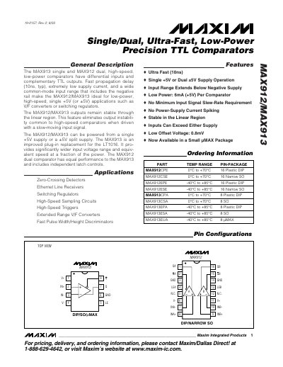 Maxim MAX912/MAX913 Ultra-Fast Low-Power Precision TTL Comparator Datasheet - cover page