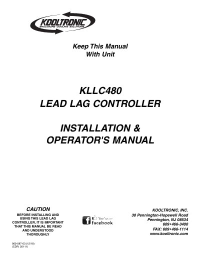 Kooltronic KLLC480 Lead Lag Controller Installation & Operator's Manual - cover page
