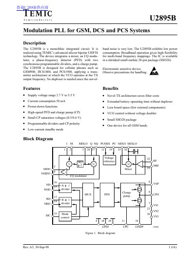 TEMIC U2895B Modulation PLL Datasheet - cover page