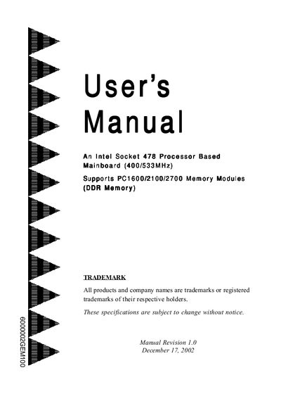 Intel Socket 478 Processor Based Mainboard User Manual - cover page
