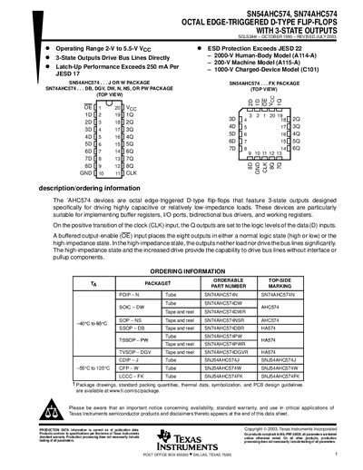 Texas Instruments SN54AHC574/ SN74AHC574 Octal D-Type Flip-Flops 3-State Output Datasheet - cover page