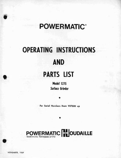 Powermatic 1275 Surface Grinder Operating Instructions and Parts List - cover page