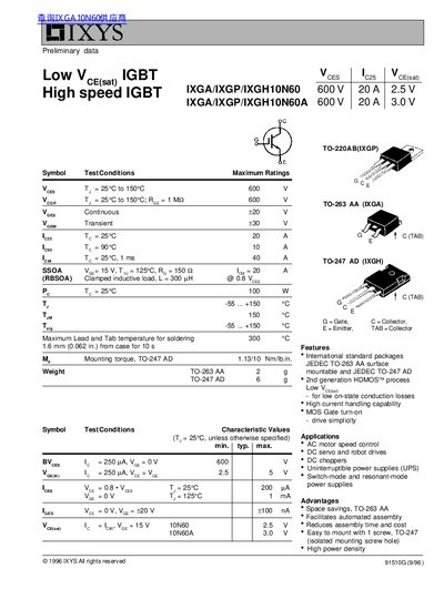 IXYS IXGA/IXGP/IXGH10N60 IGBT Datasheet - cover page