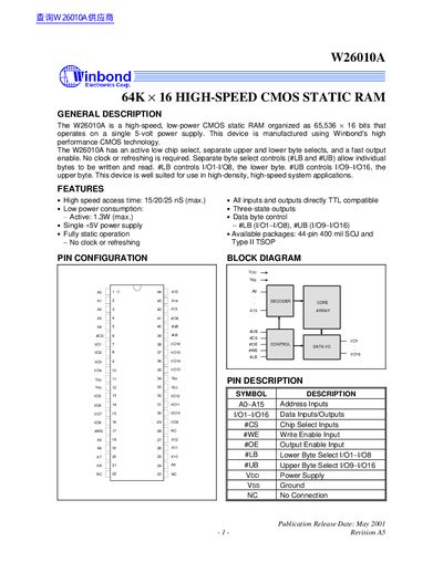 Winbond W26010A 64K x 16 High-Speed CMOS Static RAM Datasheet - cover page