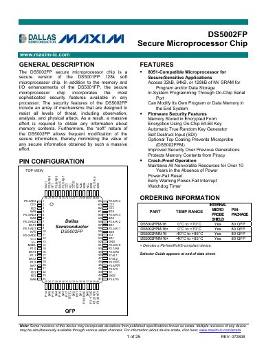 Maxim DS5002FP Secure Microprocessor Chip Datasheet - cover page