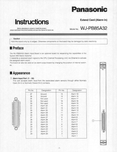 Panasonic WJ-PB85A32 Alarm Input Board Instructions - cover page