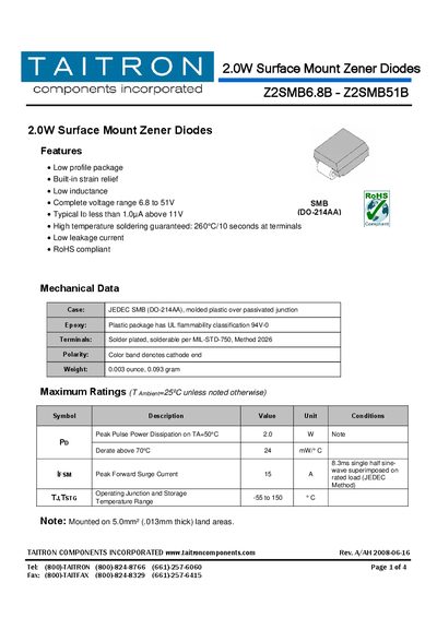 TAITRON Z2SMB6.8B–Z2SMB51B 2.0W Surface Mount Zener Diodes Datasheet - cover page