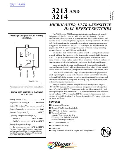 Allegro Microsystems A3213/A3214 Hall-Effect Switch Datasheet - cover page