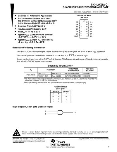 Texas Instruments SN74LVC08A-Q1 Quadruple 2‑Input AND Gate Datasheet - cover page