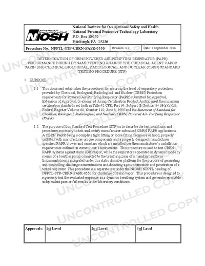 NIOSH CBRN PAPR Test Procedure NPPTL-STP-CBRN-PAPR-0550