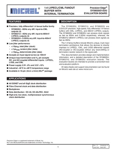 Micrel SY58020U/ SY58021U/ SY58022U Evaluation Board User Manual - cover page