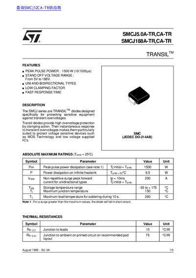 ST SMCJ5.0A-TR CA-TR SMCJ188A-TR CA-TR handbook - cover page