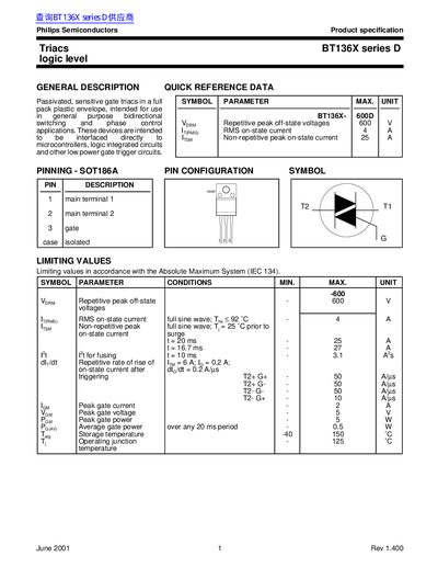 Philips BT136X Series D Logic Level Triac Datasheet - cover page