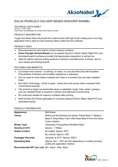 Dulux Pearlglo Solvent-Based Non-Drip Enamel Technical Data Sheet - cover page