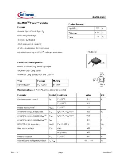 Infineon IPD50R520CP Datasheet - cover page