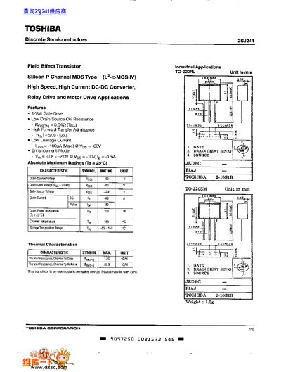 Toshiba 2SJ241 Field Effect Transistor Datasheet - cover page
