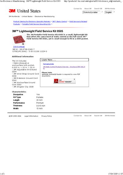 3M 8505 Field Service Kit Product Catalog - cover page
