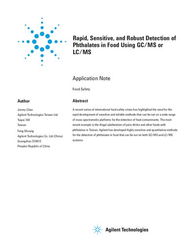 Agilent Rapid Sensitive Robust Detection of Phthalates in Food Using GC/MS or LC/MS Application Note - cover page