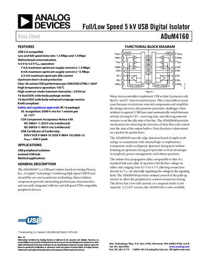 Analog Devices ADuM4160 USB Digital Isolator Datasheet - cover page