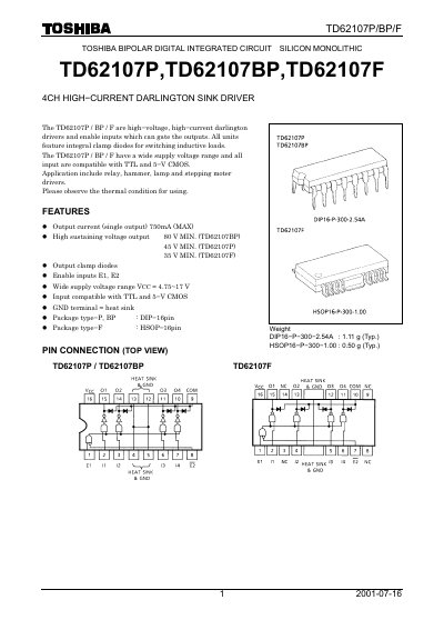 Toshiba TD62107P/BP/F 4CH High-Current Darlington Sink Driver Datasheet - cover page