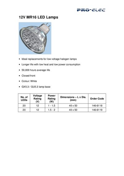 PRO ELEC 12V MR16 LED Lamps handbook - cover page