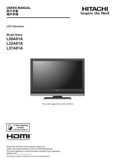 Hitachi L37A01A LCD Television User Manual - cover page