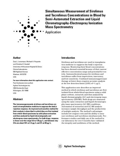 Agilent 1100 LC/MS Application Note for Sirolimus and Tacrolimus Analysis - cover page