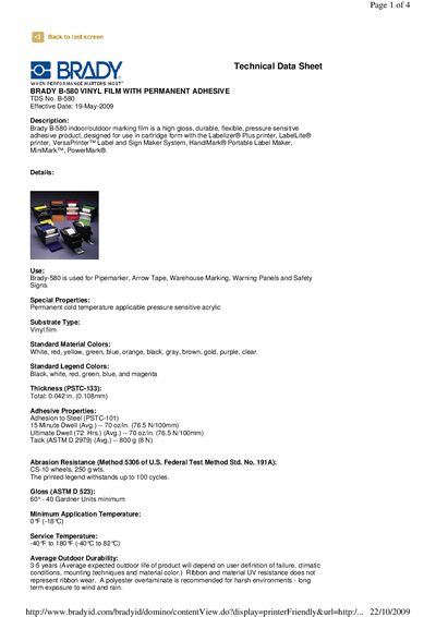 Brady B-580 Vinyl Film with Permanent Adhesive Technical Data Sheet - cover page
