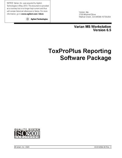 Agilent MS Workstation Version 6.5 ToxProPlus Reporting Software User Manual - cover page