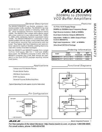 Maxim Integrated MAX2472/MAX2473 VCO Buffer Amplifier Datasheet - cover page