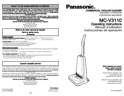 Panasonic MC-V3110 Commercial Vacuum Cleaner Operating Instructions - cover page