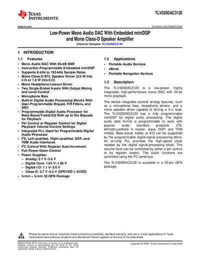 Texas Instruments TLV320DAC3120 Low-Power Mono Audio DAC with miniDSP and Class‑D Speaker Amplifier Datasheet - cover page
