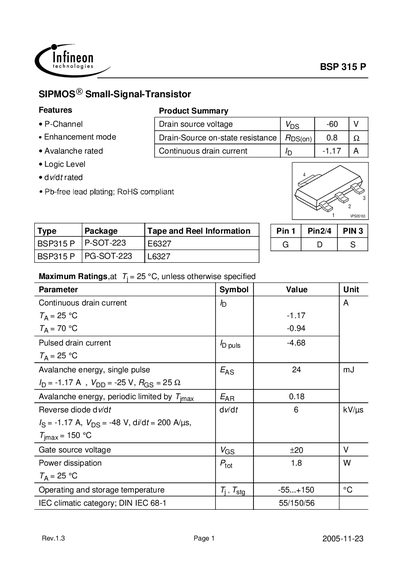 Infineon BSP315P Datasheet - cover page