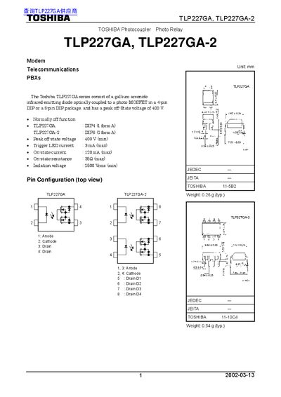 Toshiba TLP227GA/TLP227GA-2 Photocoupler Datasheet - cover page