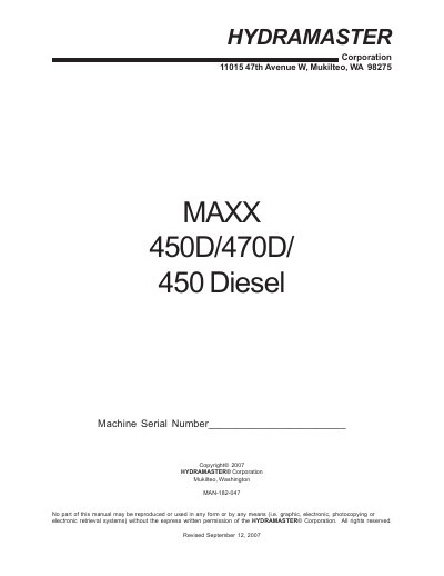 HydraMaster MAXX 450D/470D/450 Diesel Operation and Maintenance Manual - cover page