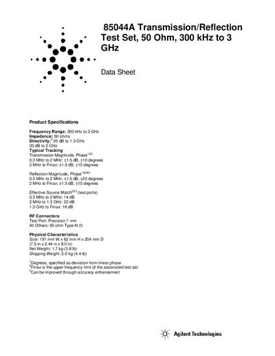 Agilent 85044A Transmission/Reflection Test Set 50 Ohm 300 kHz to 3 GHz Data Sheet - cover page
