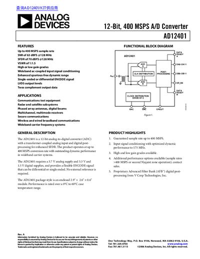 Analog Devices AD12401 12-Bit 400 MSPS A/D Converter Datasheet - cover page