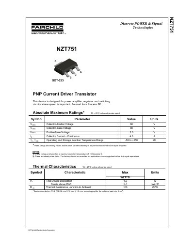 Fairchild Semiconductor NZT751 PNP Current Driver Transistor Datasheet - cover page