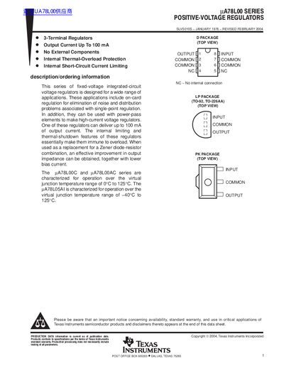Texas Instruments A78L00 Series Positive-Voltage Regulator Datasheet - cover page