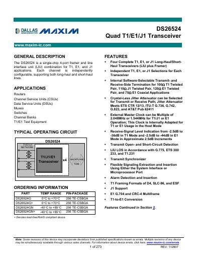 Maxim DS26524 Quad T1/E1/J1 Transceiver Manual - cover page