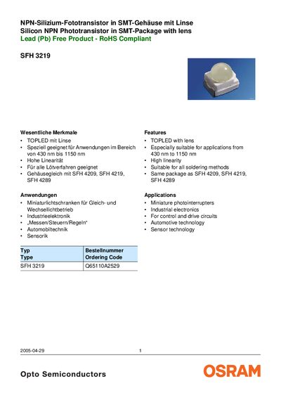OSRAM SFH 3219 Phototransistor Datasheet - cover page