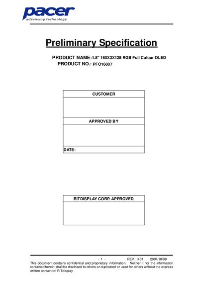 RITDISPLAY PFO16807 1.8" RGB Full Colour OLED Preliminary Specification - cover page