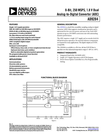 Analog Devices AD9284 8‑Bit 250 MSPS Dual ADC Datasheet - cover page