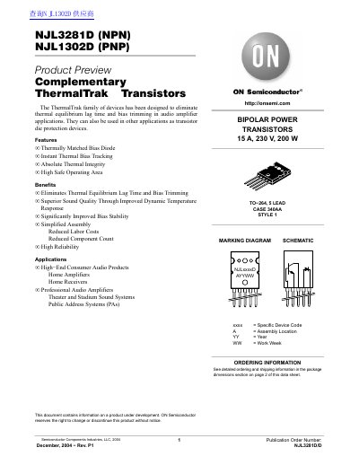 ON Semiconductor NJL3281D/NJL1302D ThermalTrak Transistors Product Preview - cover page